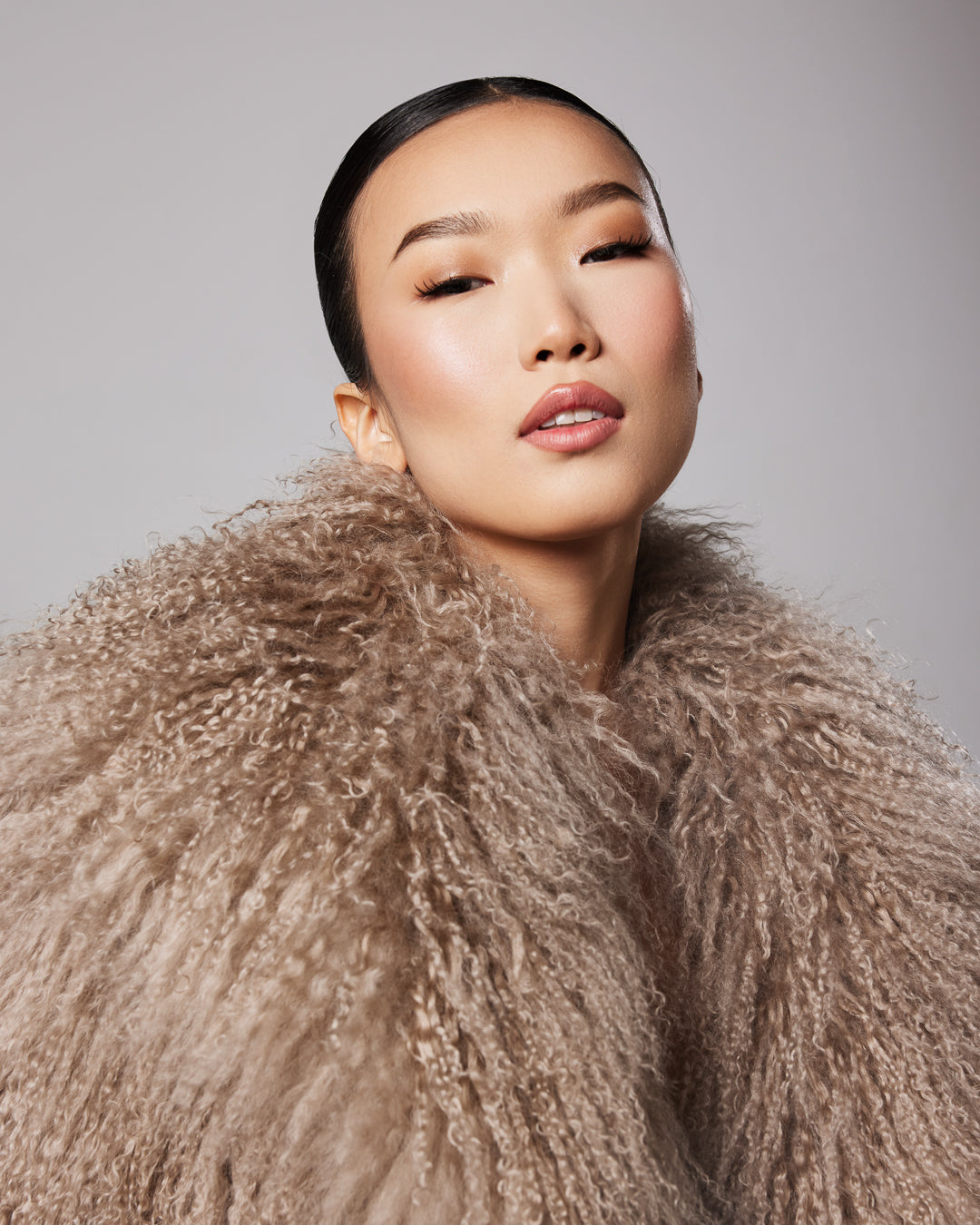 Amelié Cappuccino Mongolian Fur Coat with english collar