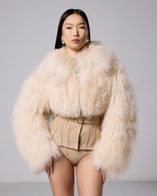 Sigrid cream Mongolian fur jacket with an integrated belted corset waist
