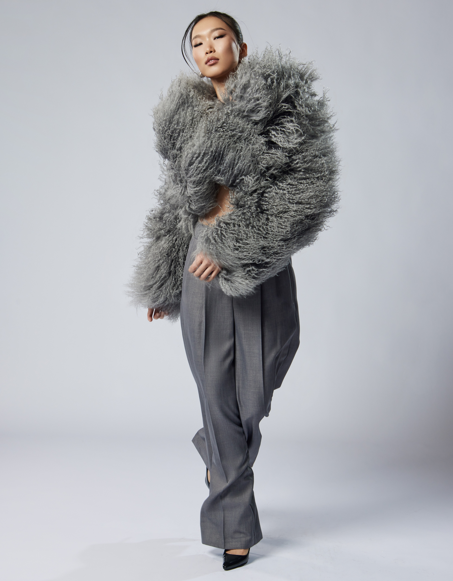 FREYA Grey Mongolian Coat with english collar 47cm lenght