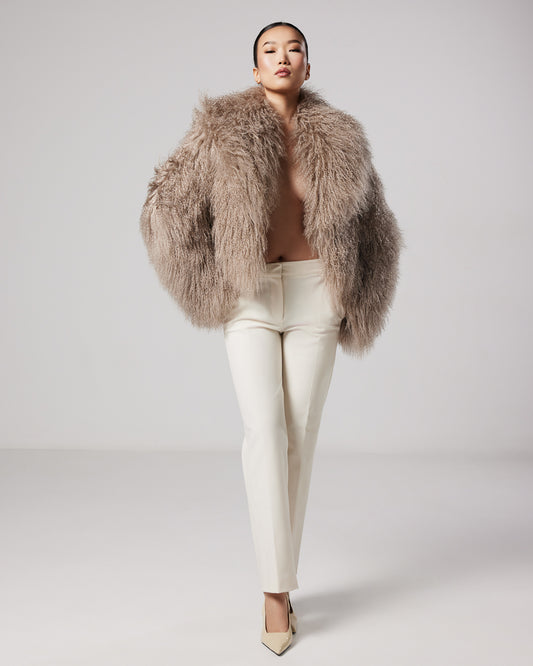 Amelié Cappuccino Mongolian Fur Coat with english collar