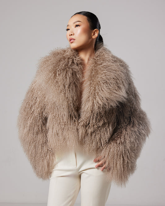 Amelié Cappuccino Mongolian Fur Coat with english collar