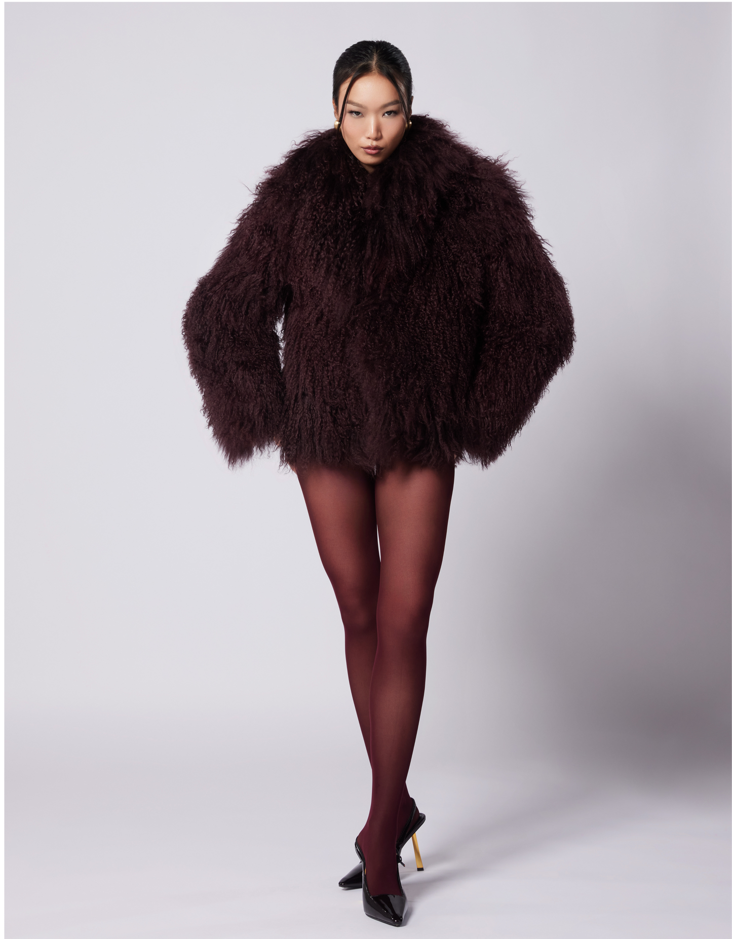 Romy burgundy mongolian fur coat 60cm length