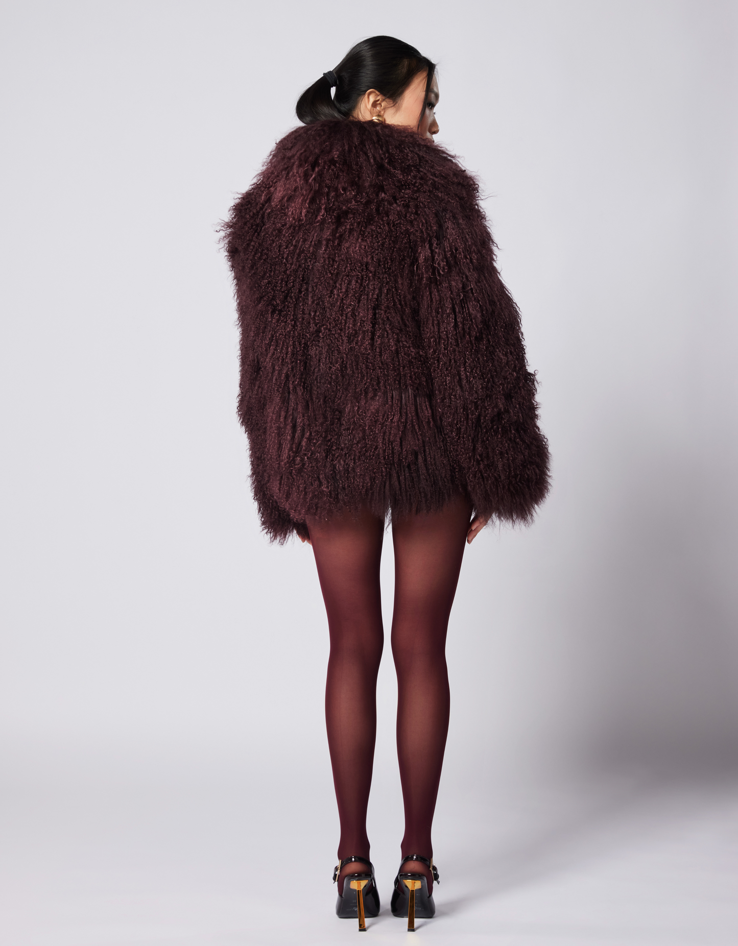 Romy burgundy mongolian fur coat 60cm length