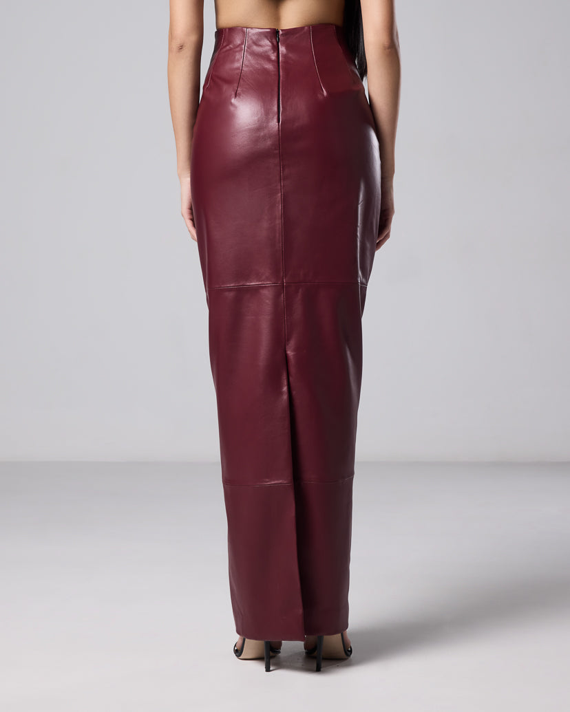 Burgundy leather maxi skirt styled with a matching woven bandeau top