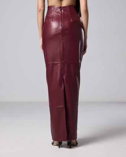 Burgundy leather maxi skirt styled with a matching woven bandeau top