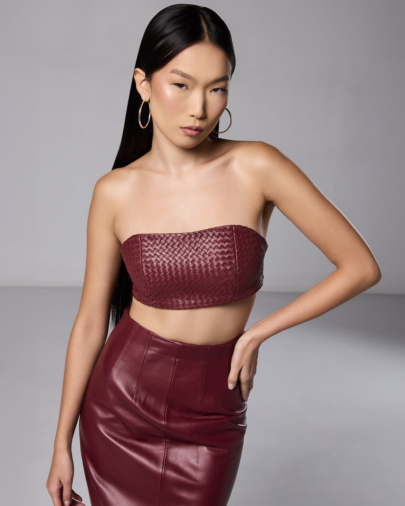 Burgundy woven leather bandeau styled with the matching maxi skirt