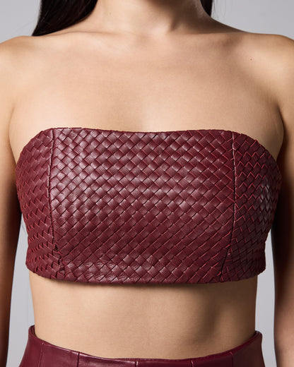 Close-up of the burgundy woven leather bandeau top